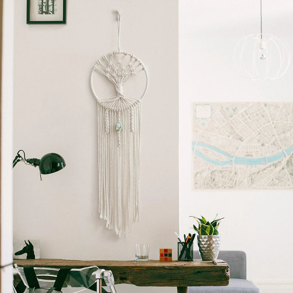 Handmade dream catcher tree tapestry in natural cotton rope, rectangular 73x18cm, European style wall hanging