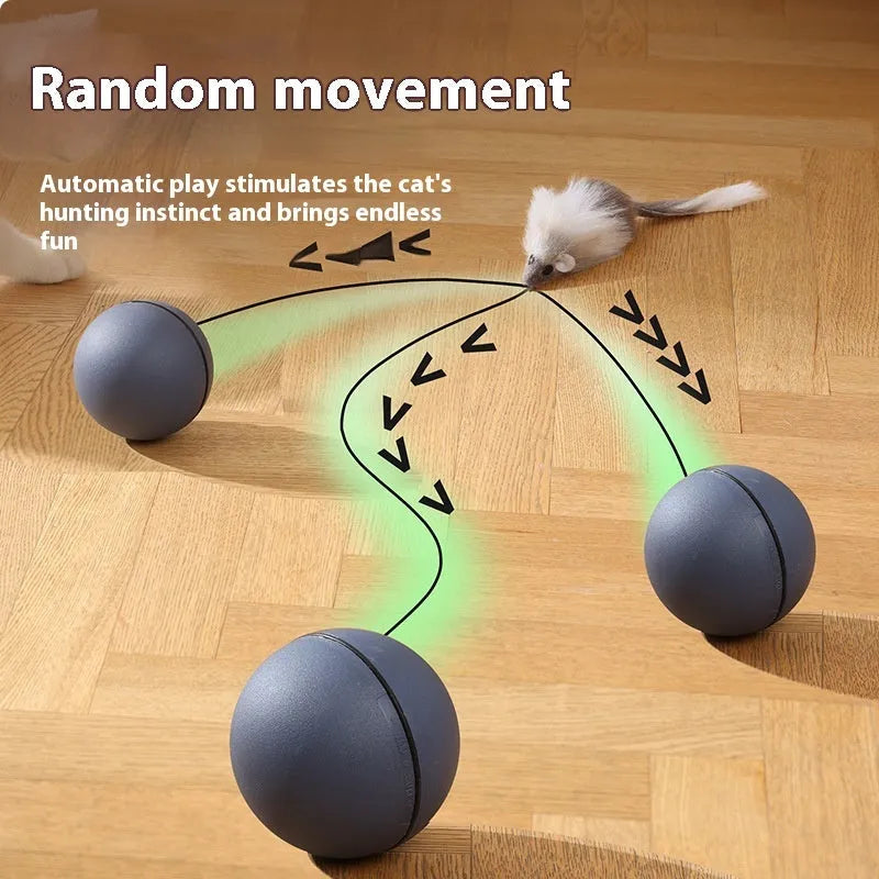 Automatic cat teasing ball toy with attached grey plush mouse on a blue and orange plastic ball