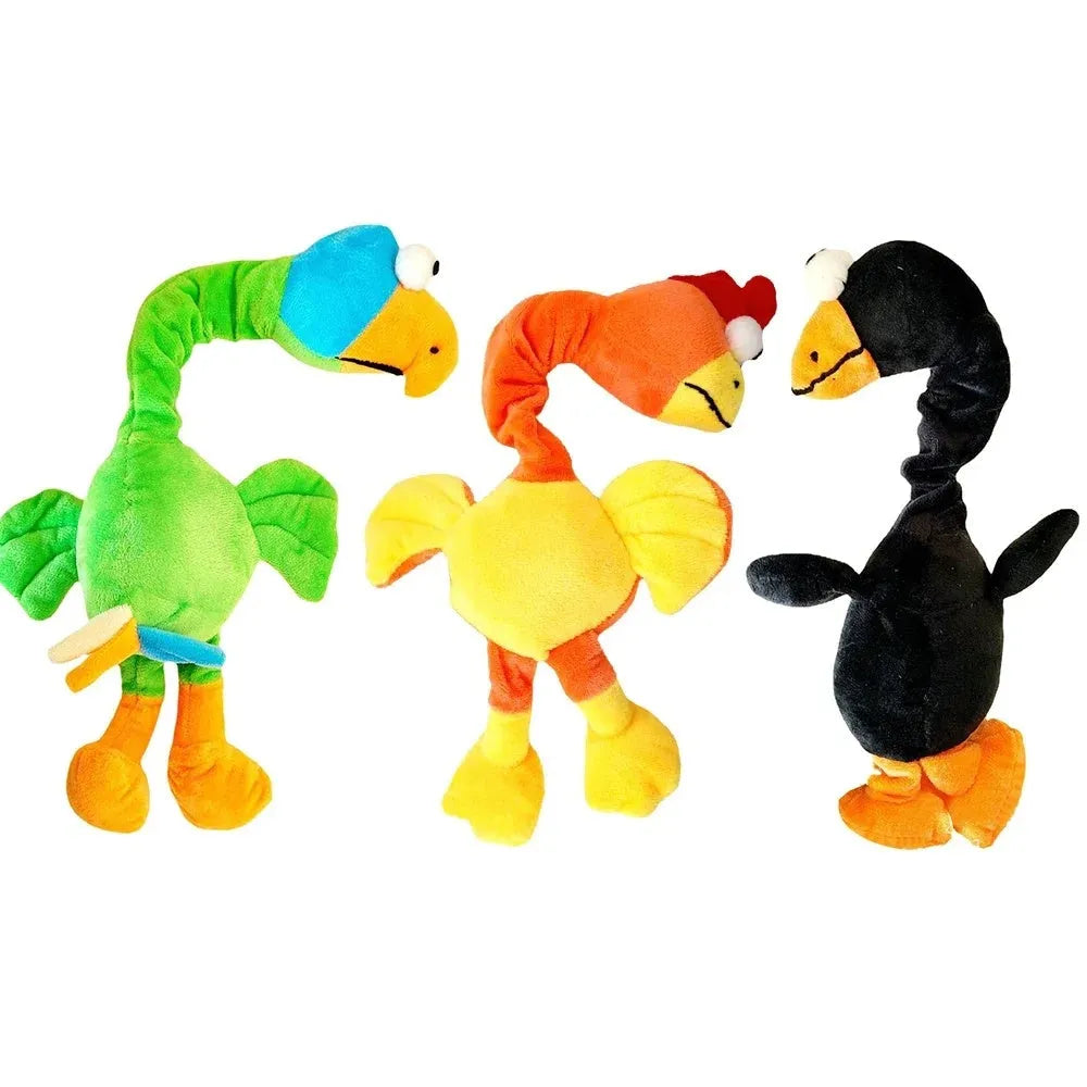 Screaming chicken sound dog chew toy in green colour, shown with bite marks, 19cm long.