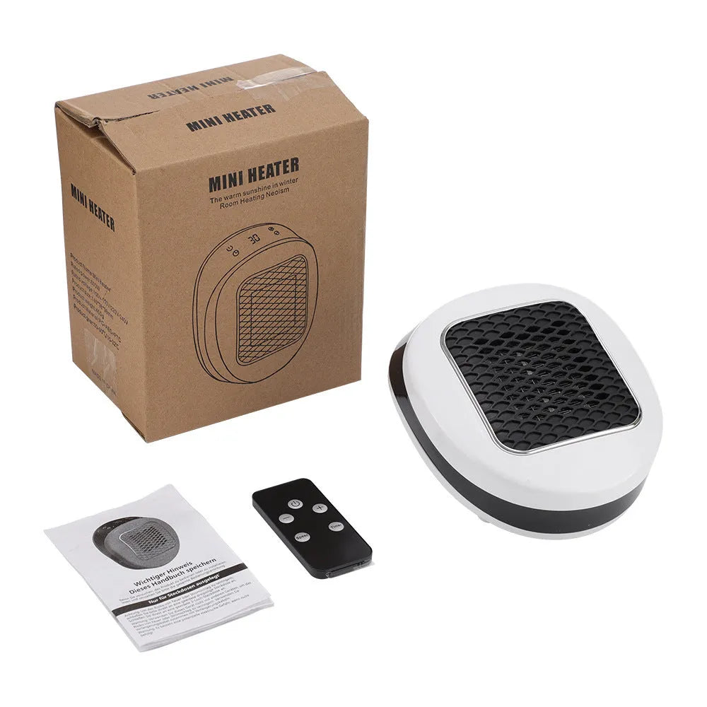 White ceramic electric hot air blower heater with remote control on a table.