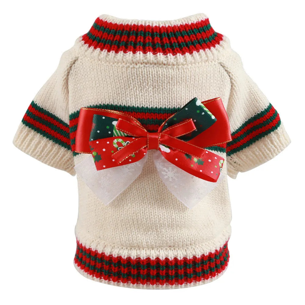 Red and green polyester dog Christmas jumper shown in sizes XS, S, M, L, and XL for dogs 1kg to 9kg.