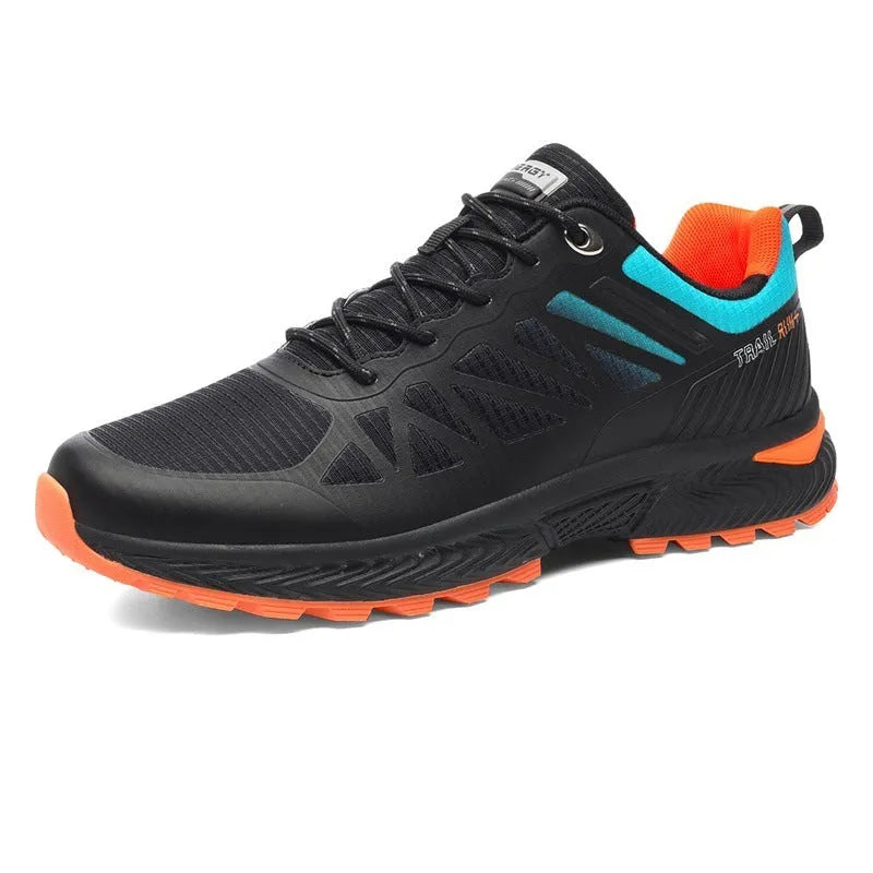 Men's plus size outdoor running shoes in black with breathable mesh upper and lace-up front.