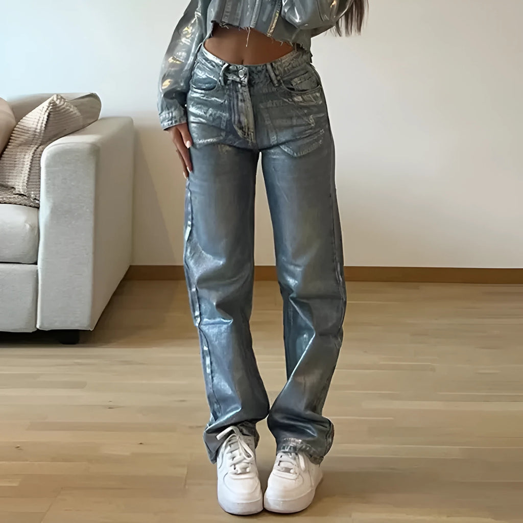 Blue high waist straight leg jeans with silver contrast stitching detail