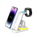 Black vertical wireless charger showing phone in stand with watch and earbuds charging areas