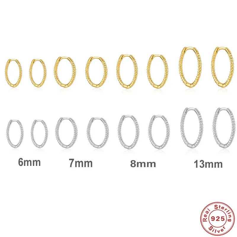 Sterling silver twisted round earrings in gold or white gold finish showing geometric design and S925 marking