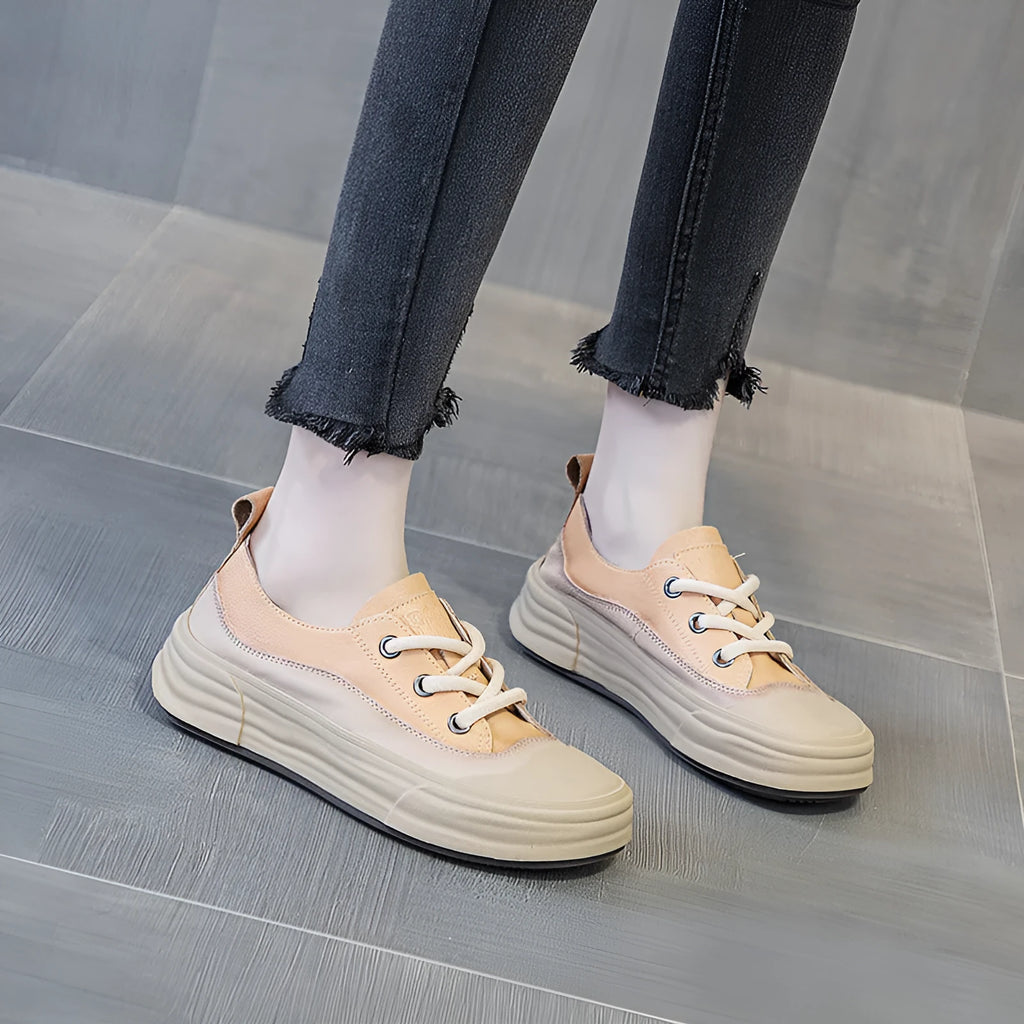 Women's genuine cowhide leather platform sneakers in matcha green, purple, and orange colours with lace-up front