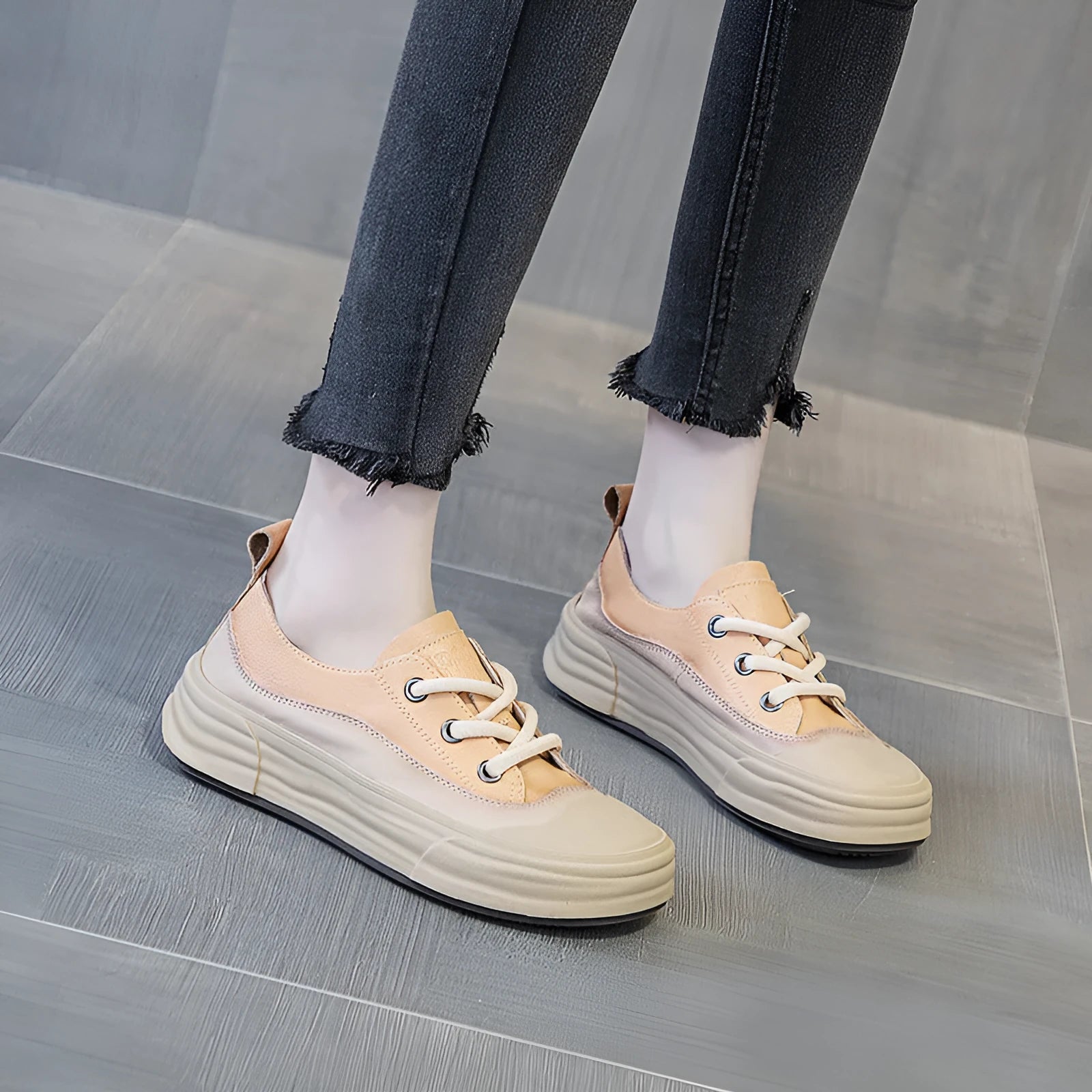 Women's genuine cowhide leather platform sneakers in matcha green, purple, and orange colours with lace-up front