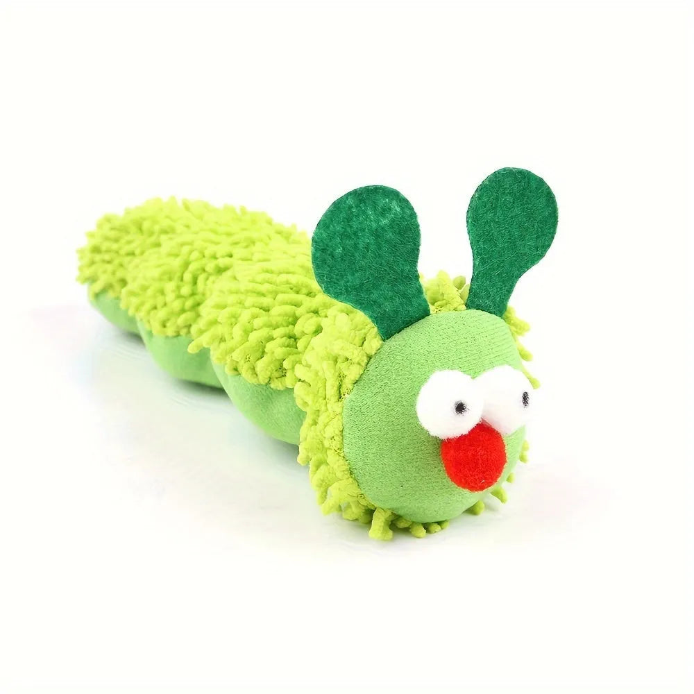 Green interactive plush cat toy with a feather teaser, shown next to a tape measure indicating 24 cm length.