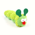Green interactive plush cat toy with a feather teaser, shown next to a tape measure indicating 24 cm length.