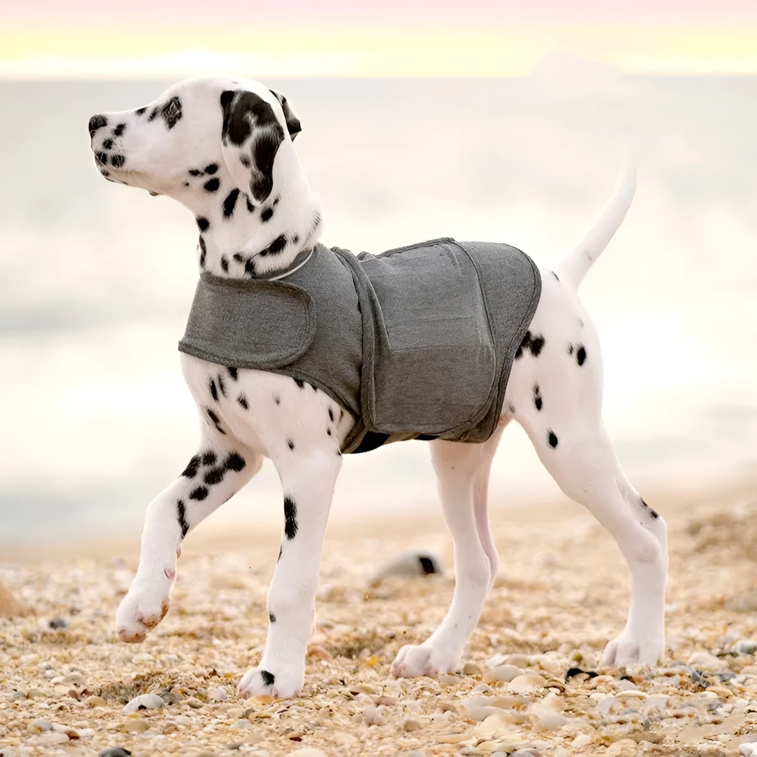 Heather grey dog anxiety calming vest on a model dog, showing soft fabric and snug fit.