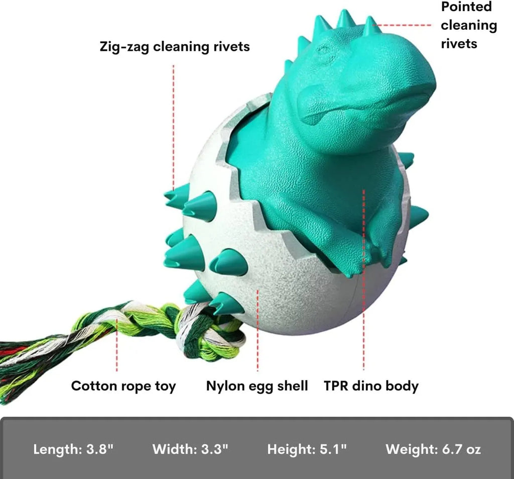 Blue dinosaur-shaped dog chew toy with textured surface and an attached rope for tug-of-war.