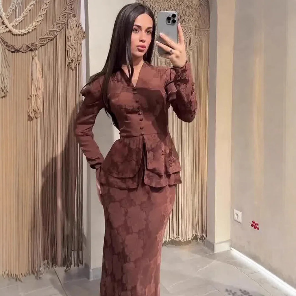Dark brown retro artistic long dress with floral plant pattern, button detailing, and long sleeves