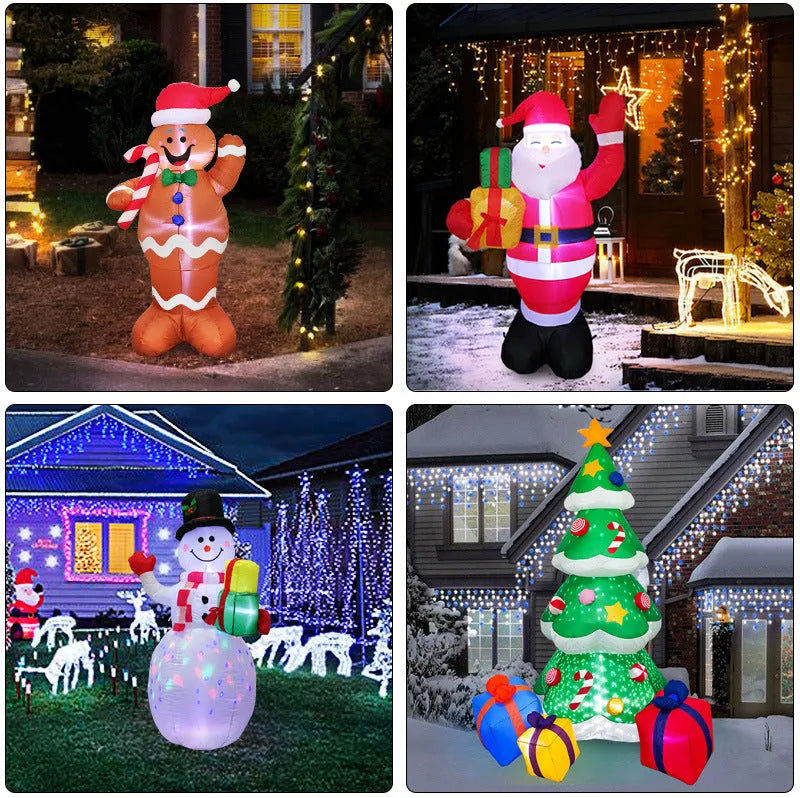 Christmas LED inflatable decoration of a glowing Santa Claus figure in a garden at night