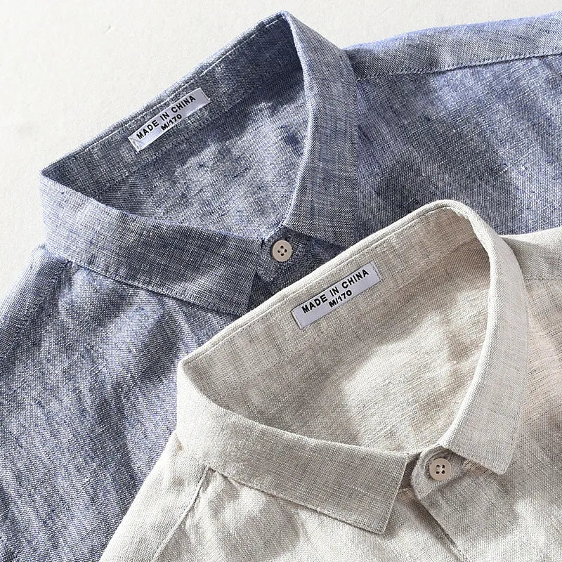 Linen short sleeve shirt with square collar in raw jute colour, cardigan style regular fit