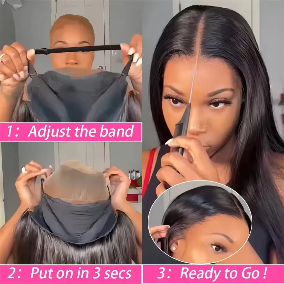 Glueless human hair straight wig with side bangs shown in long length