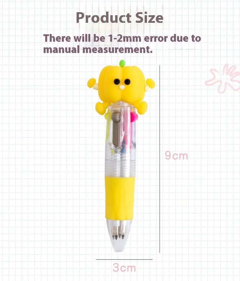 Four-colour press ballpoint pen with cartoon design, showing 0.7mm bullet tip and press-button colour selector.