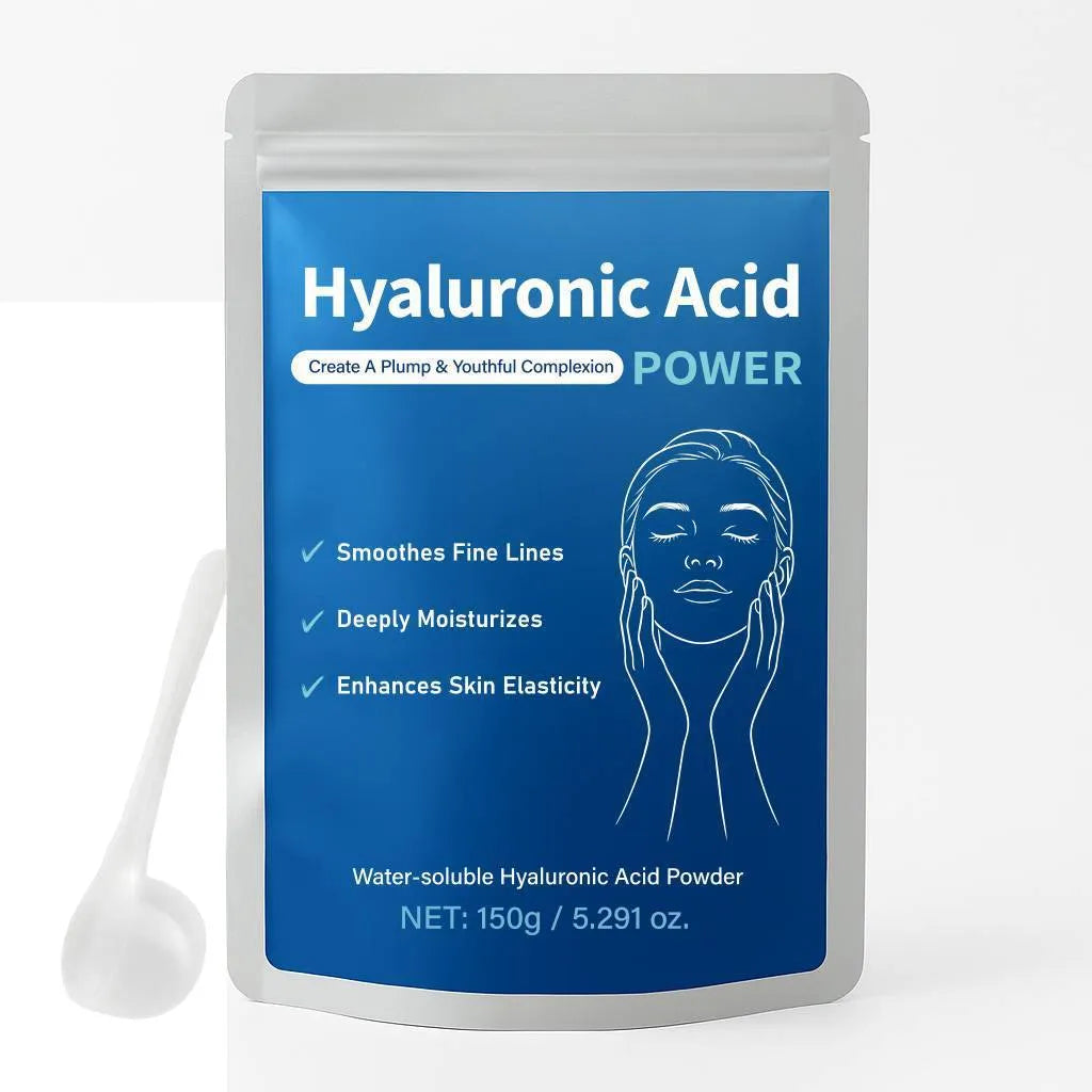 Jar of white hyaluronic acid powder, 150G net content, for DIY skincare mixing.