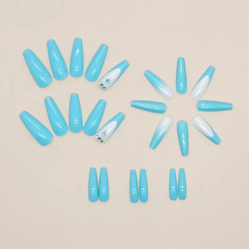 Long ballet artificial nails in solid smart blue diamond colour with adhesive glue