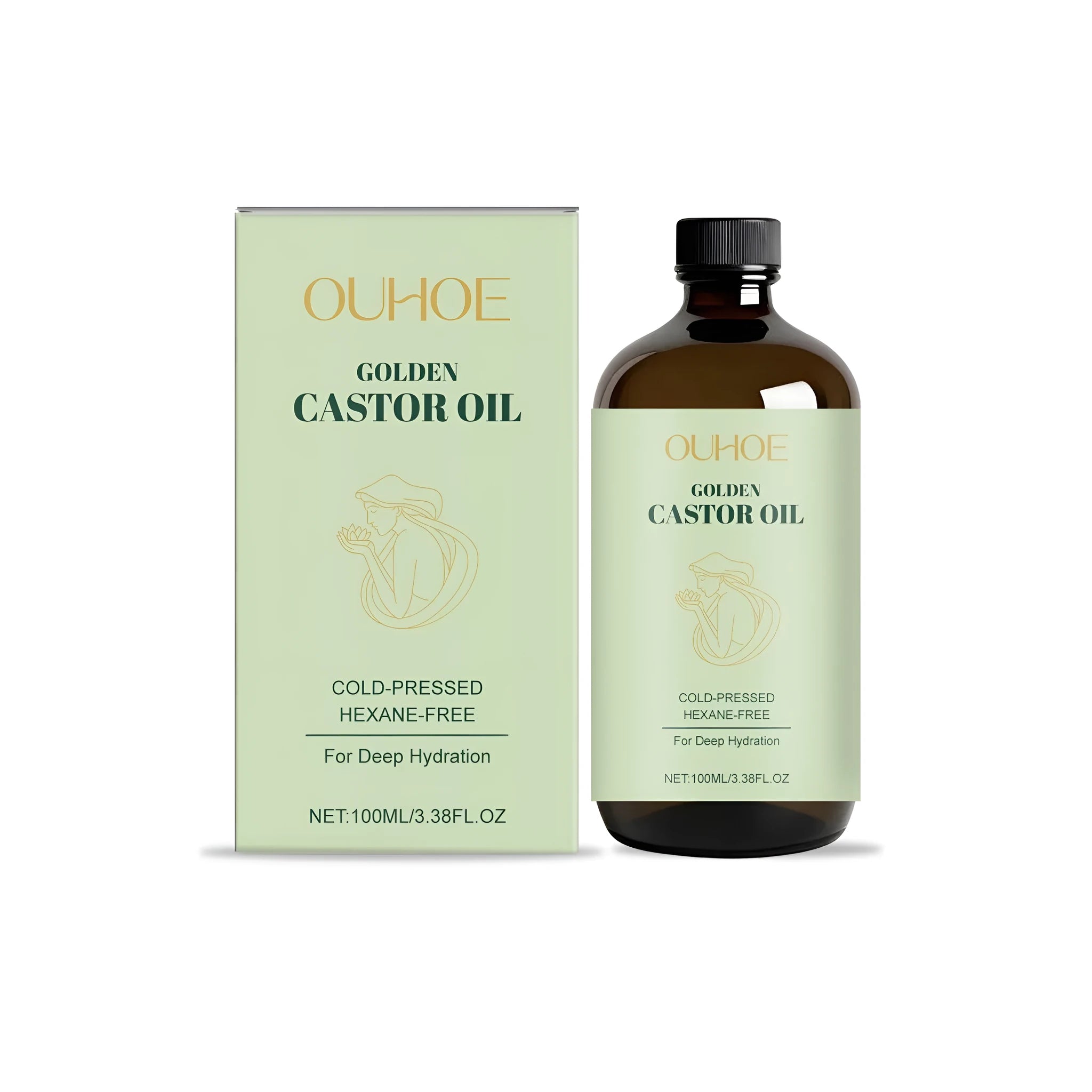 100ml bottle of golden castor oil with jojoba and vitamin E for skin and hair care.