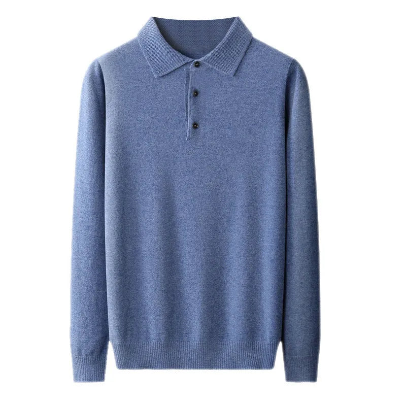 Men's polo collar woolen pullover sweater in noble blue with long sleeves and textured stitching