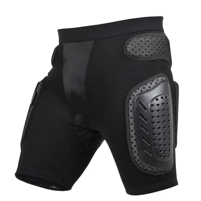 Black cycling protective pants with integrated hip and thigh impact foam pads on a mannequin