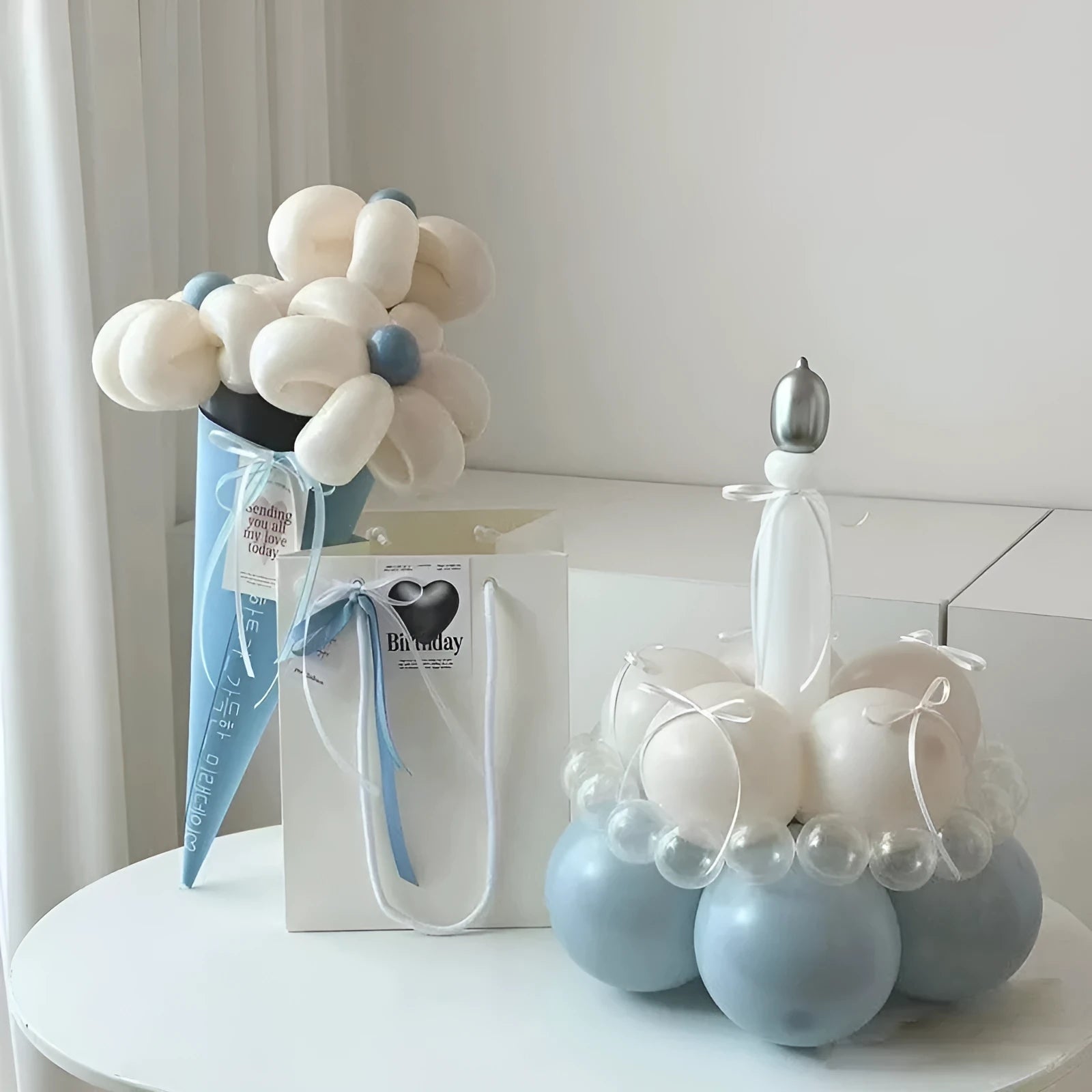 Round pre-assembled DIY balloon bouquet kit for cake decoration, showing one of ten available style sets.