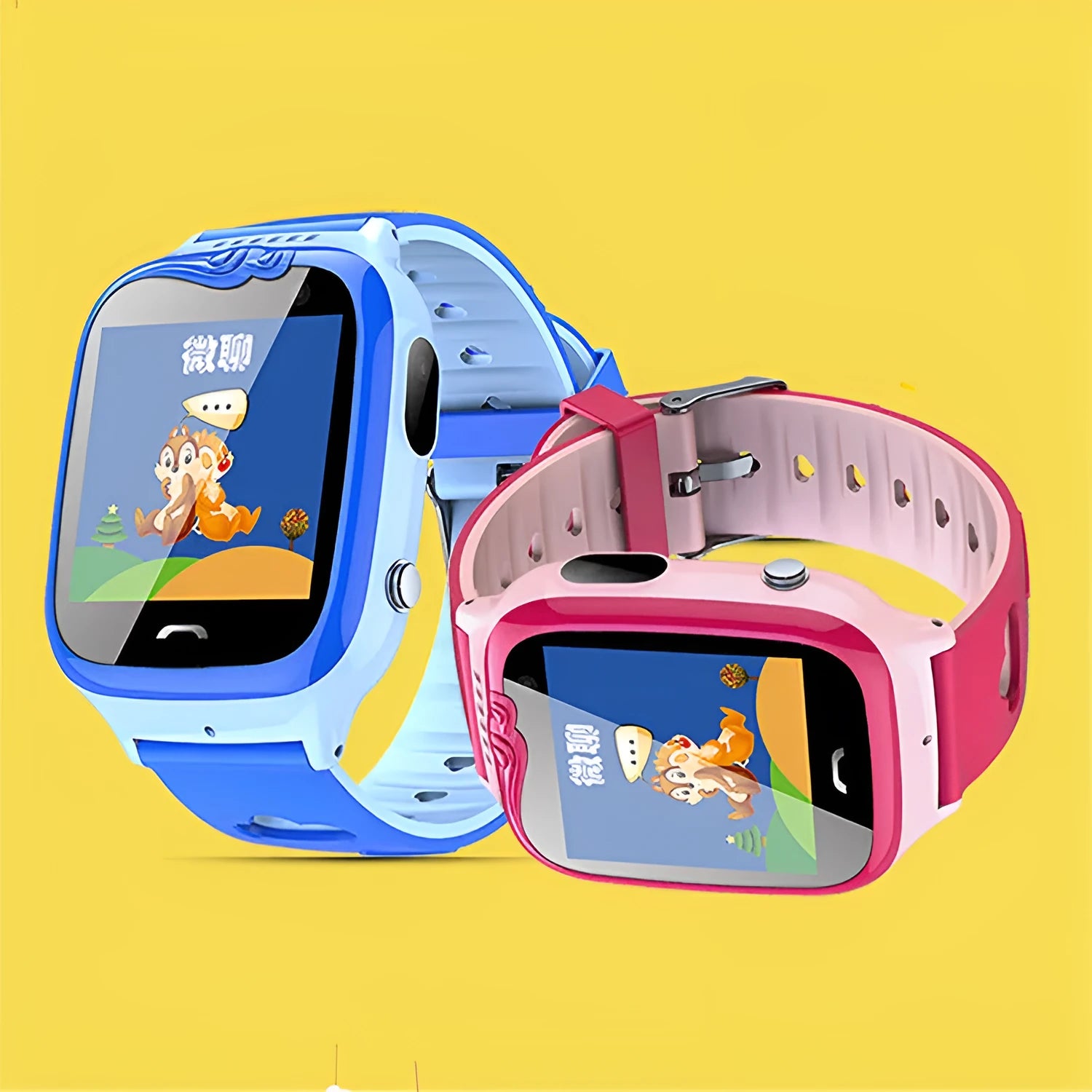Children's smart phone watch with HD touch screen and silicone wristband in pink or blue colours