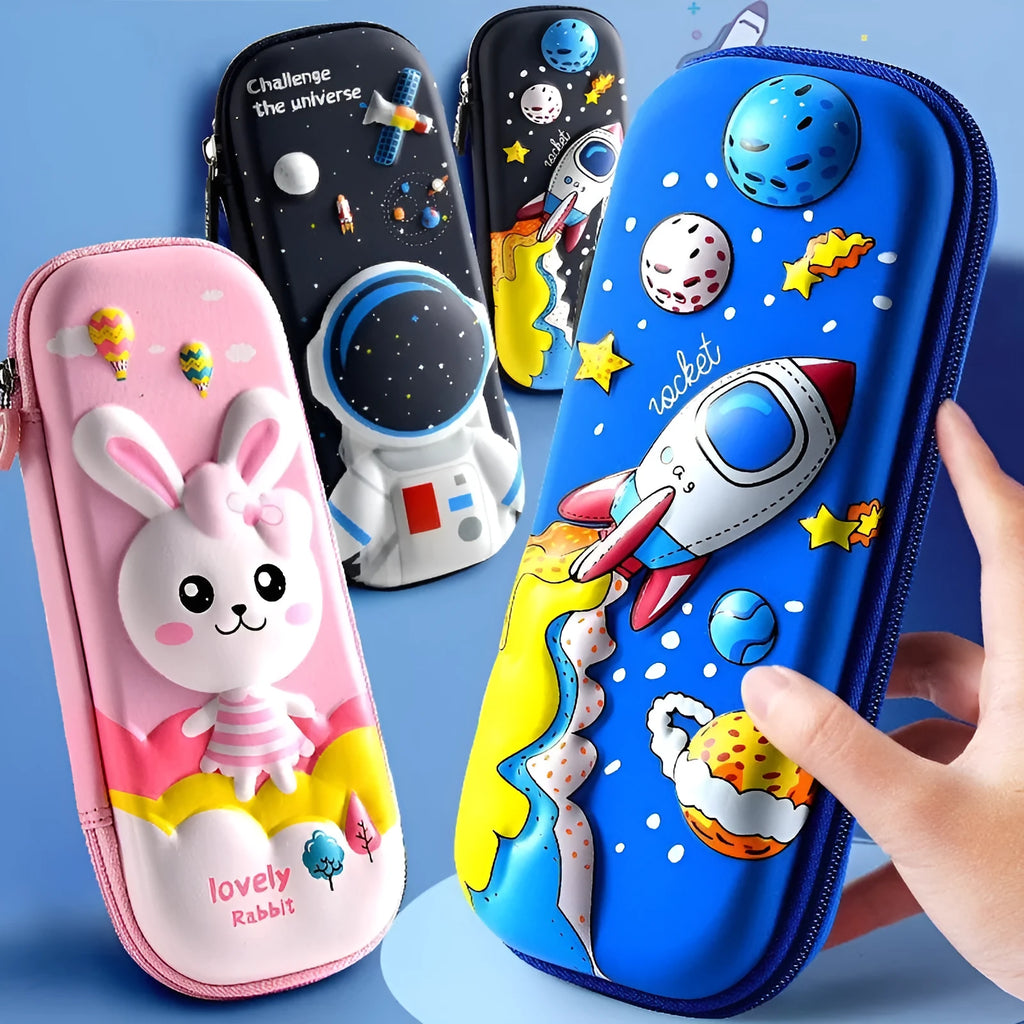 3D leather pencil case showing multiple design options including space, fantasy and animal themes