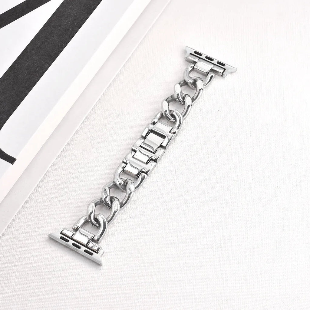 Denim chain link metal strap for Apple Watch in silver, black, gold, rose gold, and Starlight colours