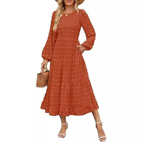 Beige casual long sleeve dress with ruffled sleeves and a high waist on a hanger