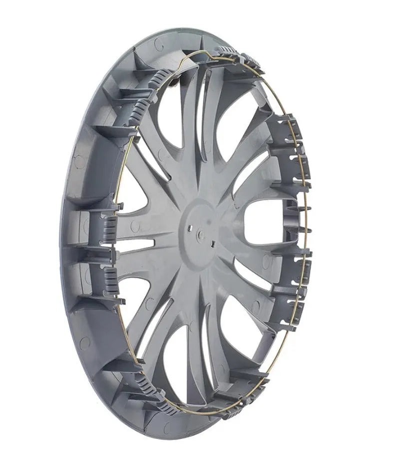 Universal monochrome ABS plastic wheel hub cover in silver finish for a car alloy wheel.