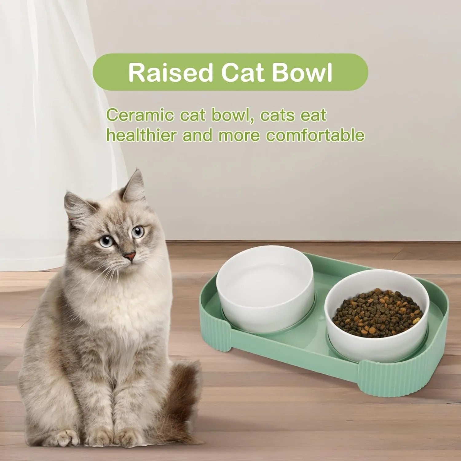 Green ceramic raised cat bowl set with two tilted bowls on a non-slip base