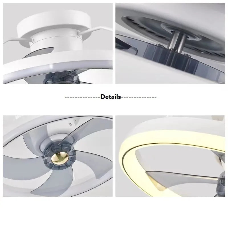 Modern simple style white ceiling fan lamp with integrated light and acrylic shade.