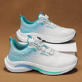 Men's white and blue low-top sneaker with mesh upper and a rotating buckle closure on the side.