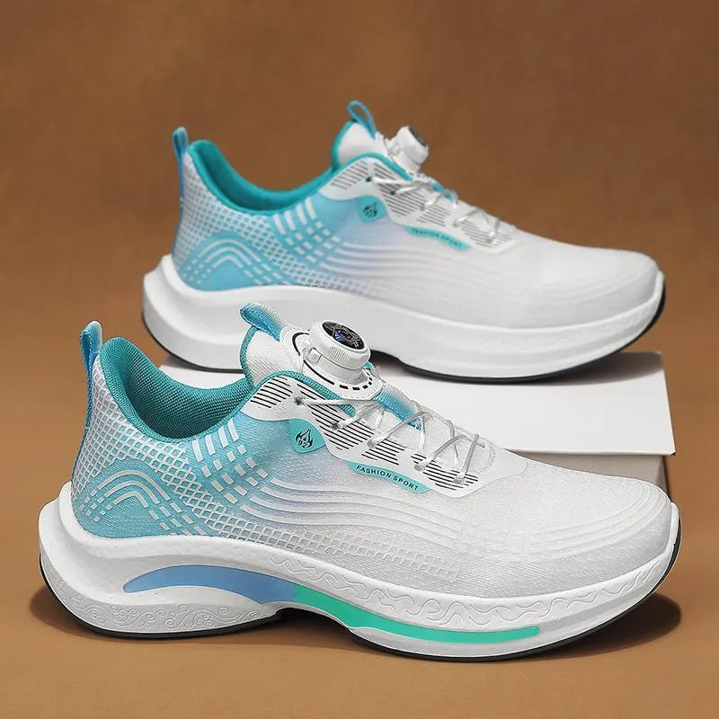 Men's white and blue low-top sneaker with mesh upper and a rotating buckle closure on the side.