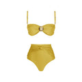 Women's high waist swimsuit set in green one-piece and yellow bikini styles with skirt.