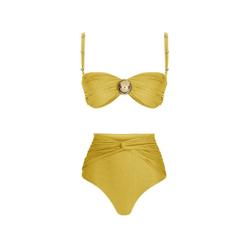 Women's high waist swimsuit set in green one-piece and yellow bikini styles with skirt.