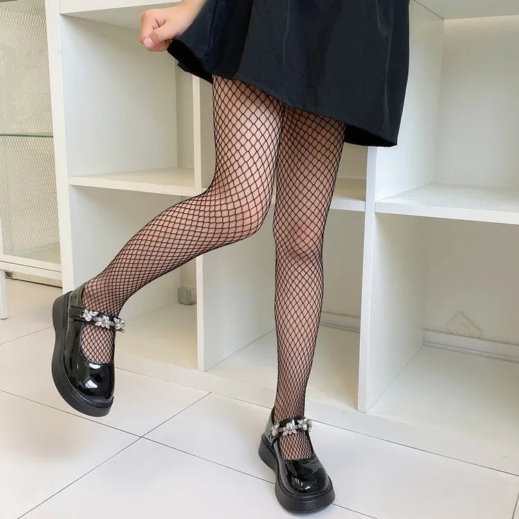 Women's black and white mesh stockings showing large, medium, and small pattern options.