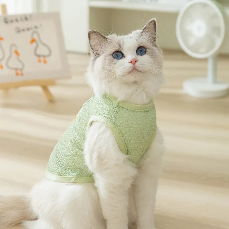 Hollowed-out breathable cat clothes with bear patch design in knitted fabric