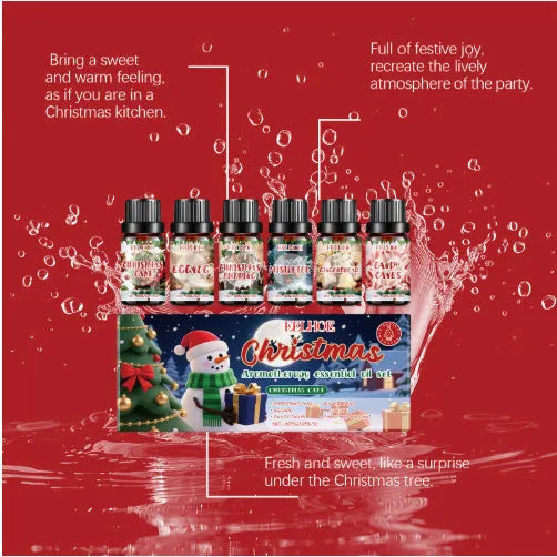 Christmas aromatherapy oil set showing six 10ml bottles including Warm Home fragrance