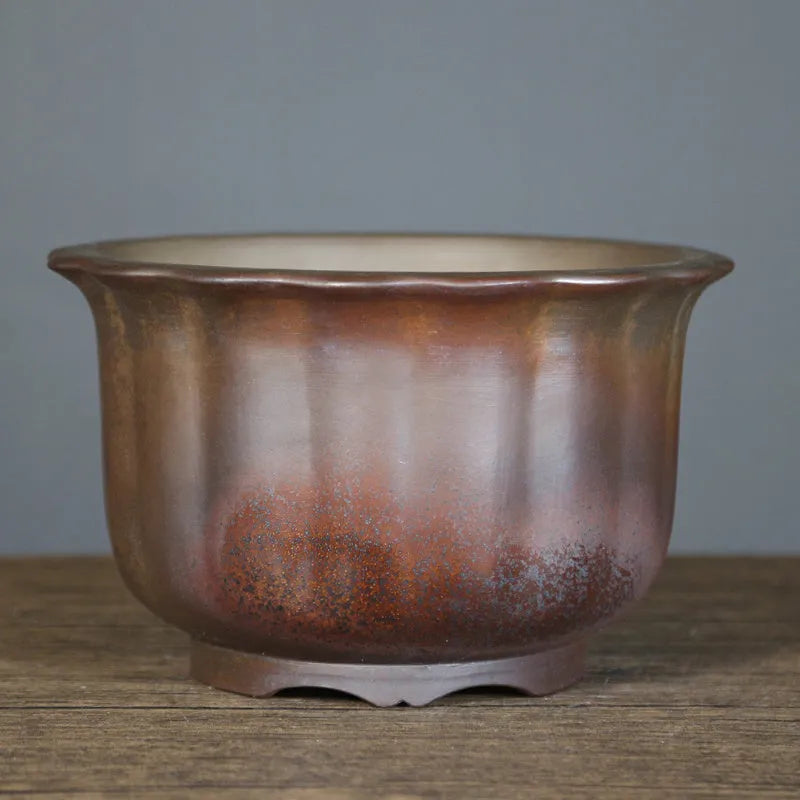Purple sand ceramic flower pot with antique carved design for indoor bonsai plants