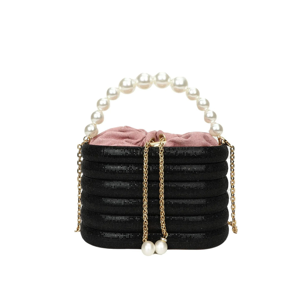 Women's retro style crossbody bag with pearl beading in soft PU, round shape with single strap.