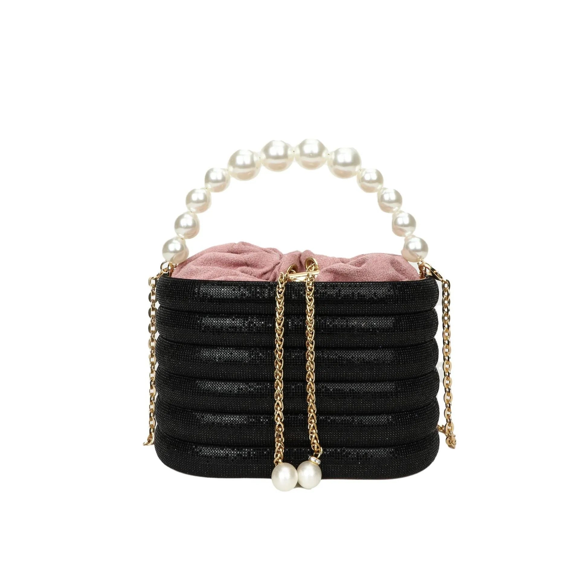 Women's retro style crossbody bag with pearl beading in soft PU, round shape with single strap.