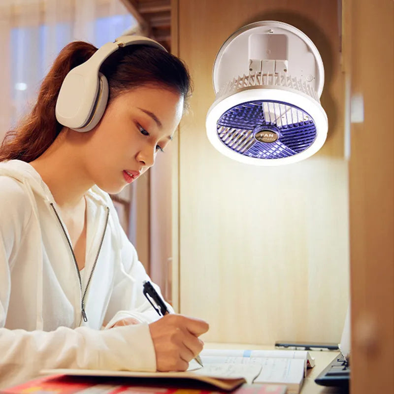 Blue or grey USB charging foldable table fan with LED light in desk, wall, ceiling or hanging configuration