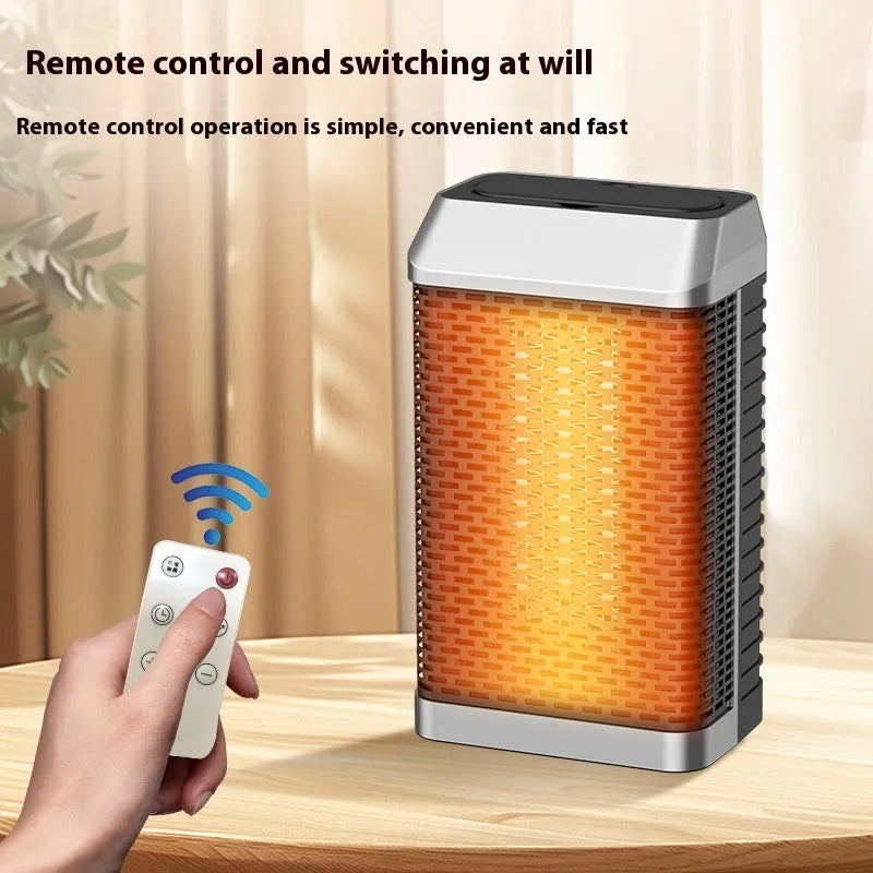Black remote control desktop smart heater with compact rectangular design on a wooden surface.