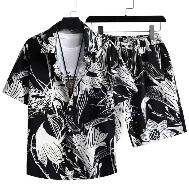 Men's digital print cardigan and matching shorts suit set in polyester fabric.