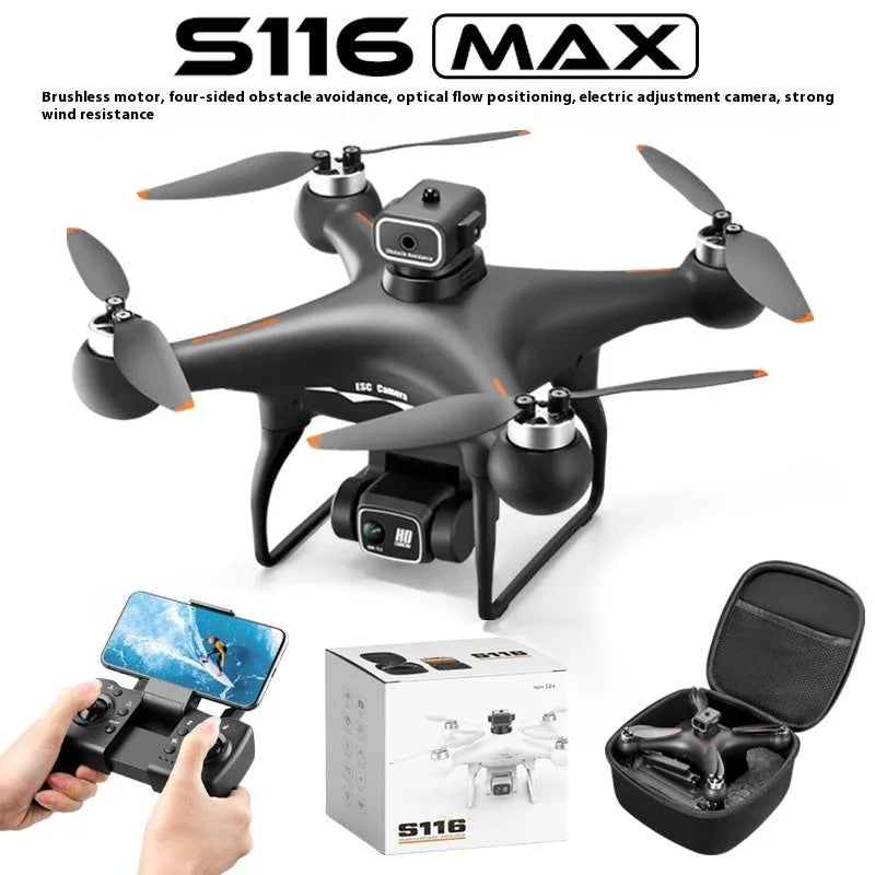 S116 black plastic brushless UAV quadcopter with four-side obstacle avoidance and HD camera, shown with remote control.