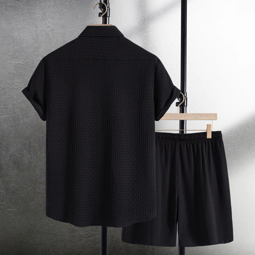 Men's cotton blend beach short sleeve shirt and shorts suit in loose cardigan style