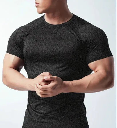 Men's tight stretch quick-dry round neck short sleeve T-shirt in black casual running wear