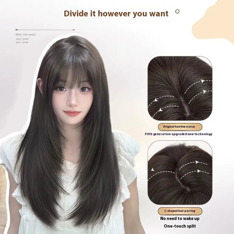 Women's full-head wear-free wig with long straight high layered black synthetic hair